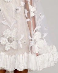 White Embellished Trapeze Mini Dress With Fringe Hem