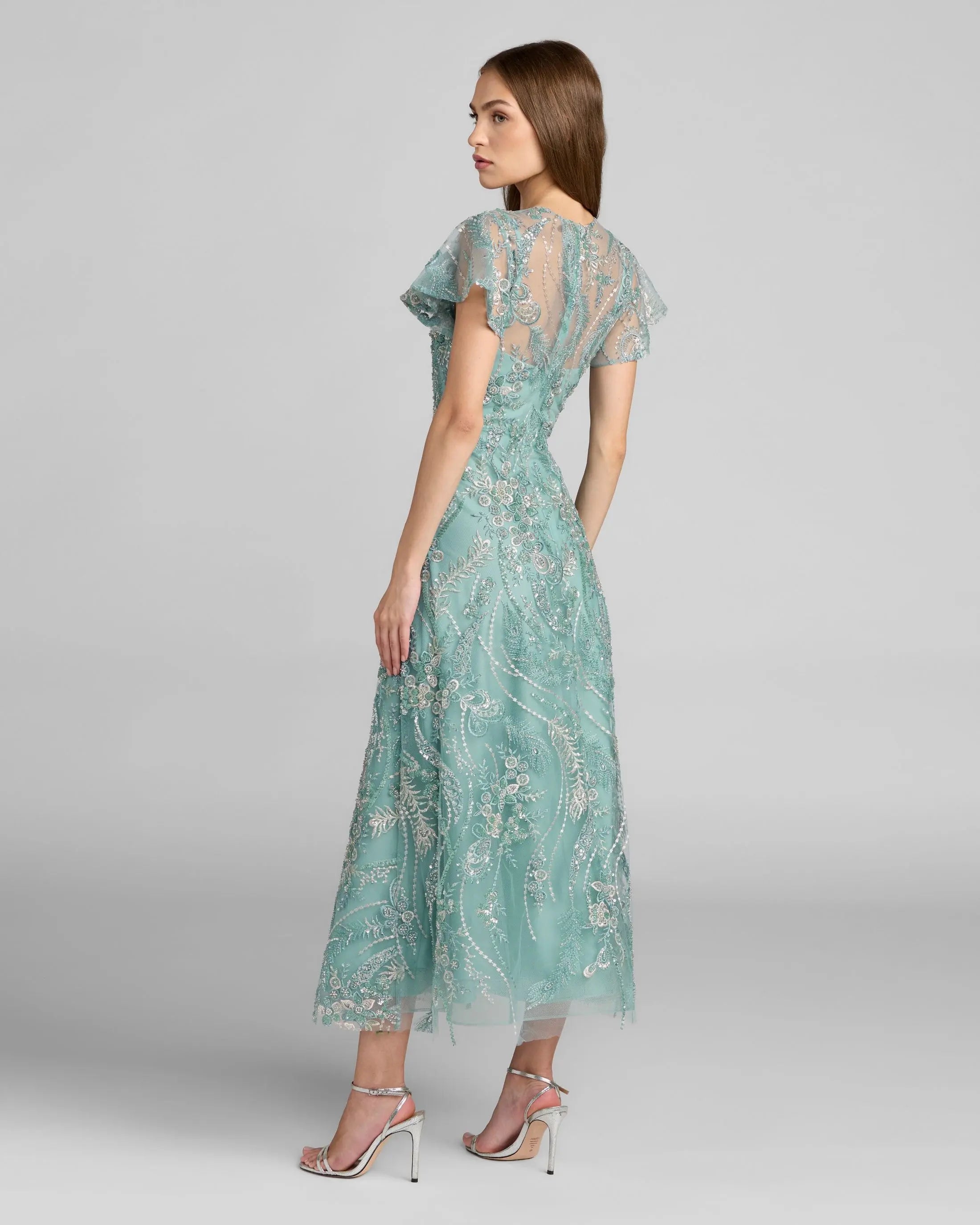 Blue Embroidered Flutter Sleeve Midi Dress