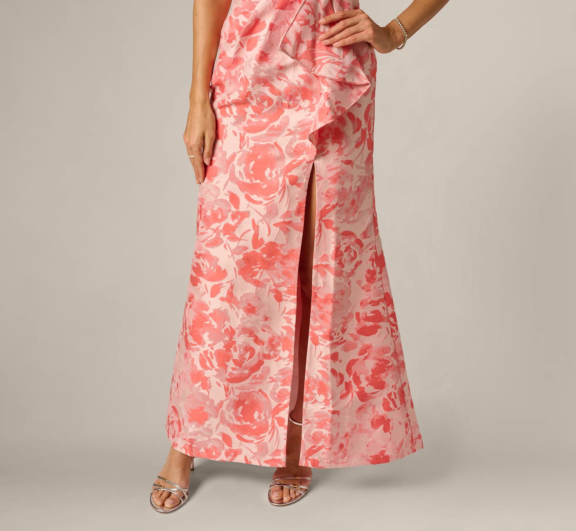 One Shoulder Floral Jacquard Draped Gown In Coral Multi