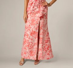 One Shoulder Floral Jacquard Draped Gown In Coral Multi