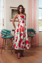 White Strapless Floral Printed A Line Midi Dress
