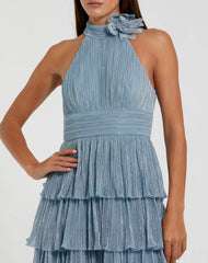 Blue Metallic Halter Neck Ruffle Gown With 3D Flower