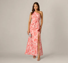 One Shoulder Floral Jacquard Draped Gown In Coral Multi