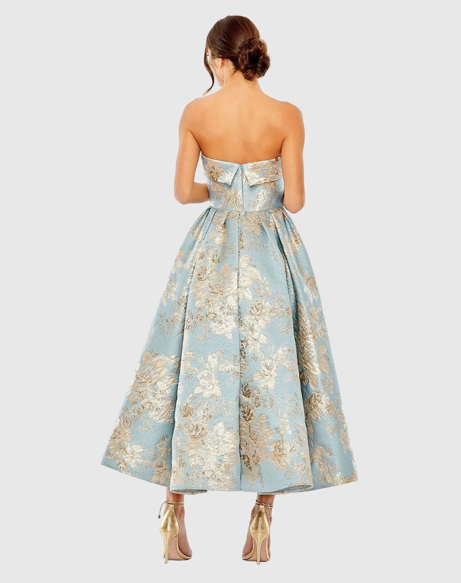 Petite Light Blue Strapless Brocade Midi Dress With Pockets