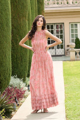 Pink Sleeveless Tiered Ruffle Floral Maxi Dress
