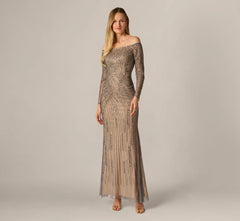 Hand Beaded Off Shoulder Gown In Sterling