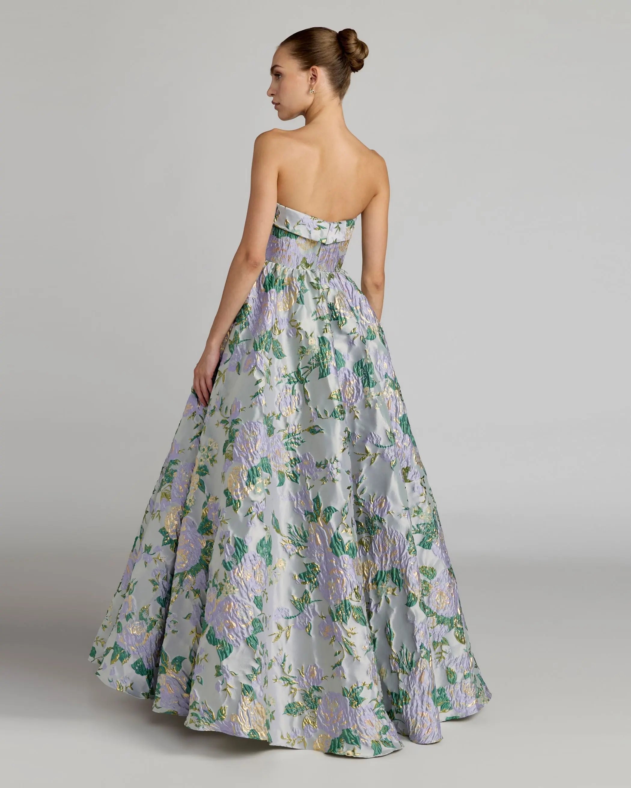Blue Multicolor Floral Strapless Brocade Ball Gown