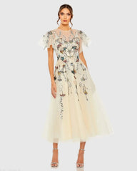 Flutter Sleeve High Neck Embellished Floral Dress