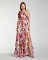 One Shoulder Floral Printed Chiffon Side Cut Out Gown