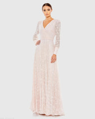 Beaded Lace Long Sleeve Wrap Over Gown
