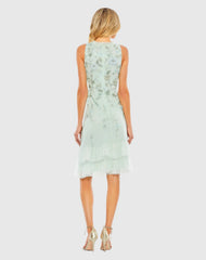Green Embellished Ruffle Tiered High Neck Floral Dress