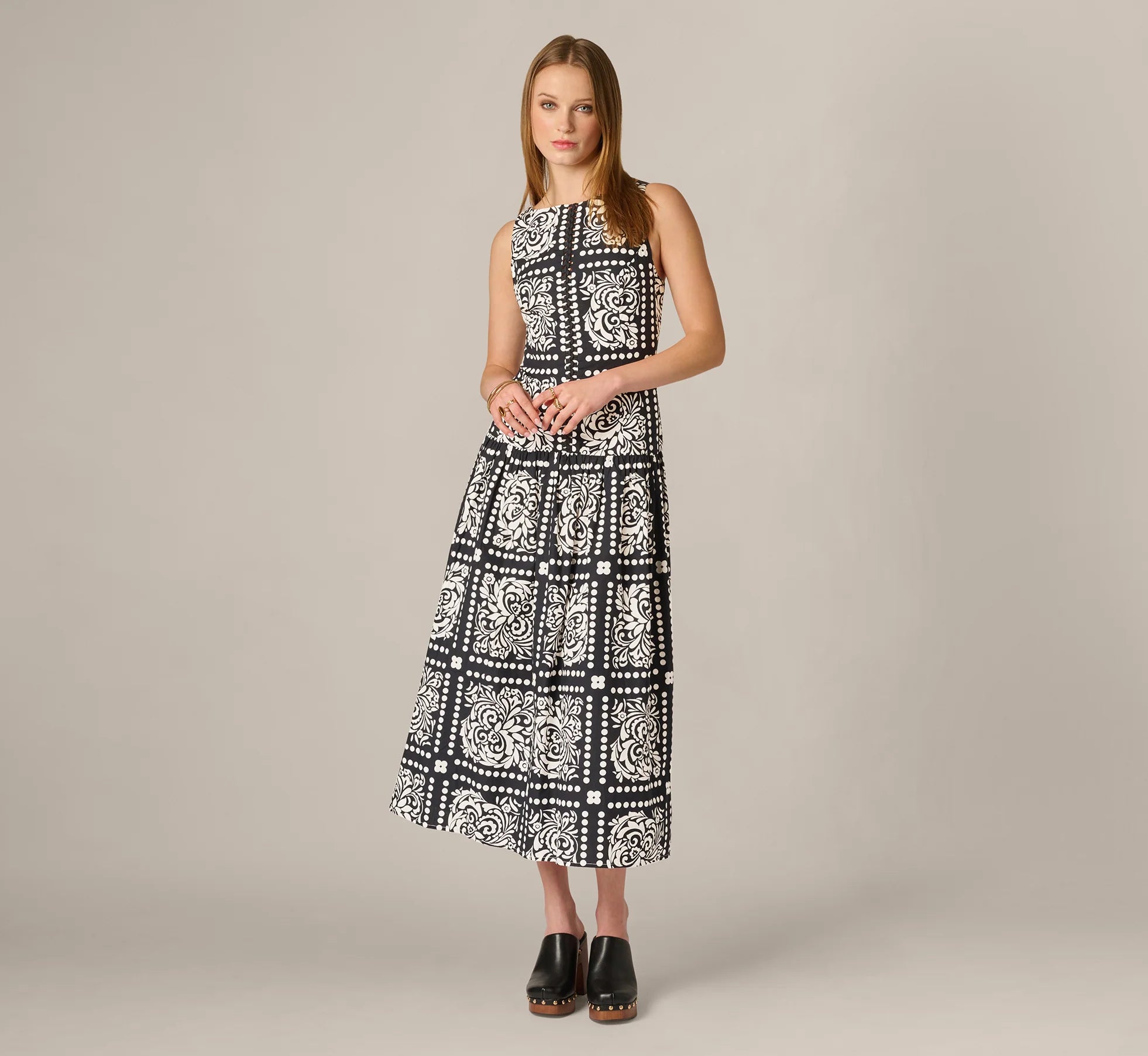 Drop Waist Cotton Tile Print Midi Sundress In Black Ivory