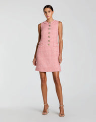 Pink Boucle Sleeveless Mini Dress with Gold Buttons