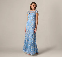 Cap Sleeve Floral Embroidered Illusion Godet Gown In Light Blue Gold