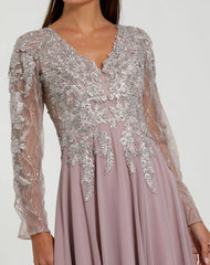 Purple Embellished Illusion V Neck Long Sleeve Gown