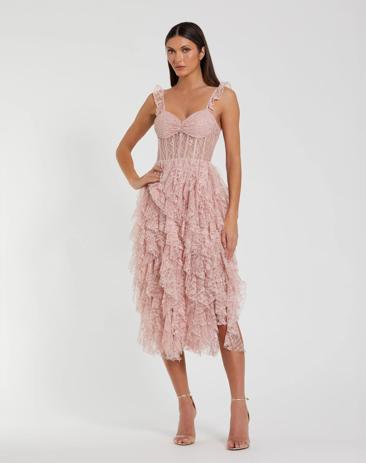 Pink Lace Ruffle Tiered Midi Dress