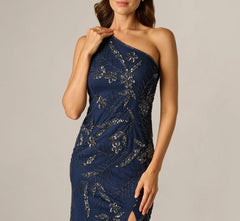 One Shoulder Floral Sequin Bead Gown In Light Navy