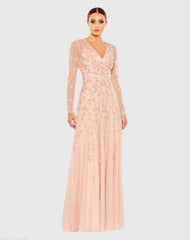 Embellished Wrap Over Illusion Long Sleeve A Line Gown