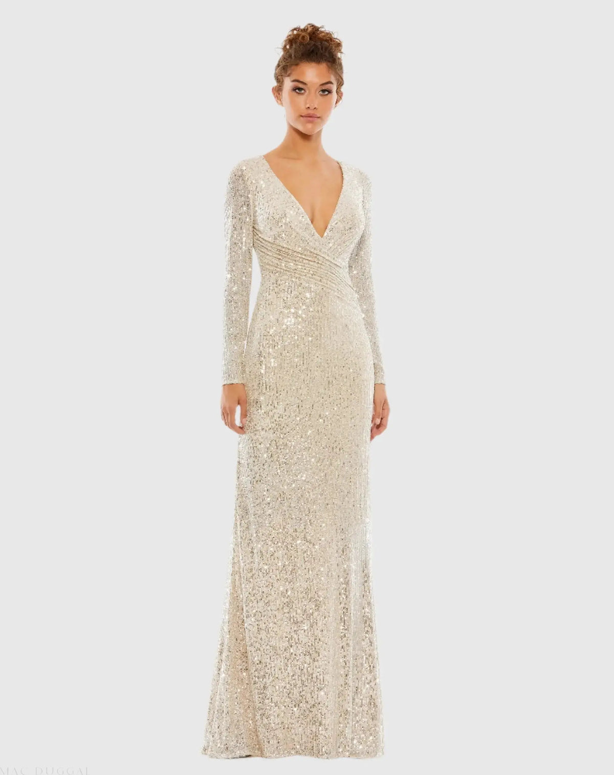 Sequined Faux Wrap Long Sleeve Column Gown