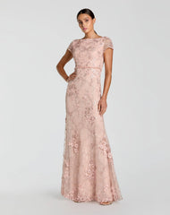 Pink Floral Applique Boat Neck Cap Sleeve Gown