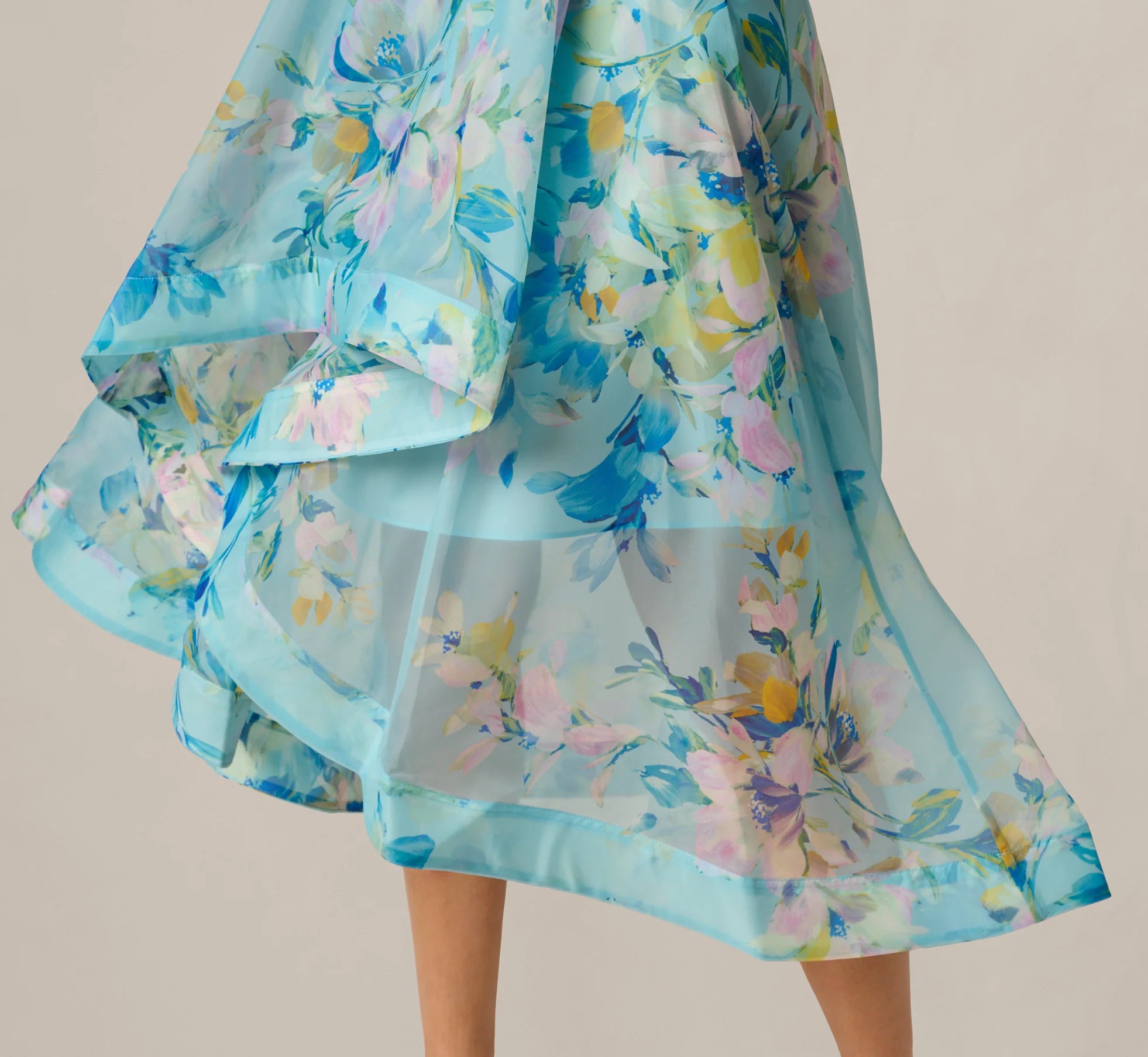 Off Shoulder Floral Organza High Low Midi Dress In Blue Multi