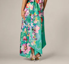 Floral Mikado Scarf Train Column Gown In Green Multi