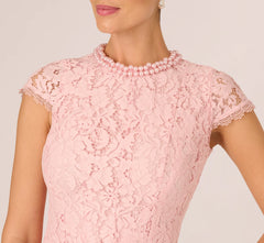 Cap Sleeve Pearly Lace Midi Dress In Blush Whisper
