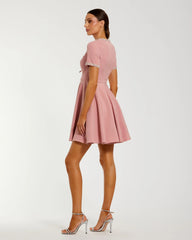 Pink Crepe A Line Mini Dress With Rhinestone Beading