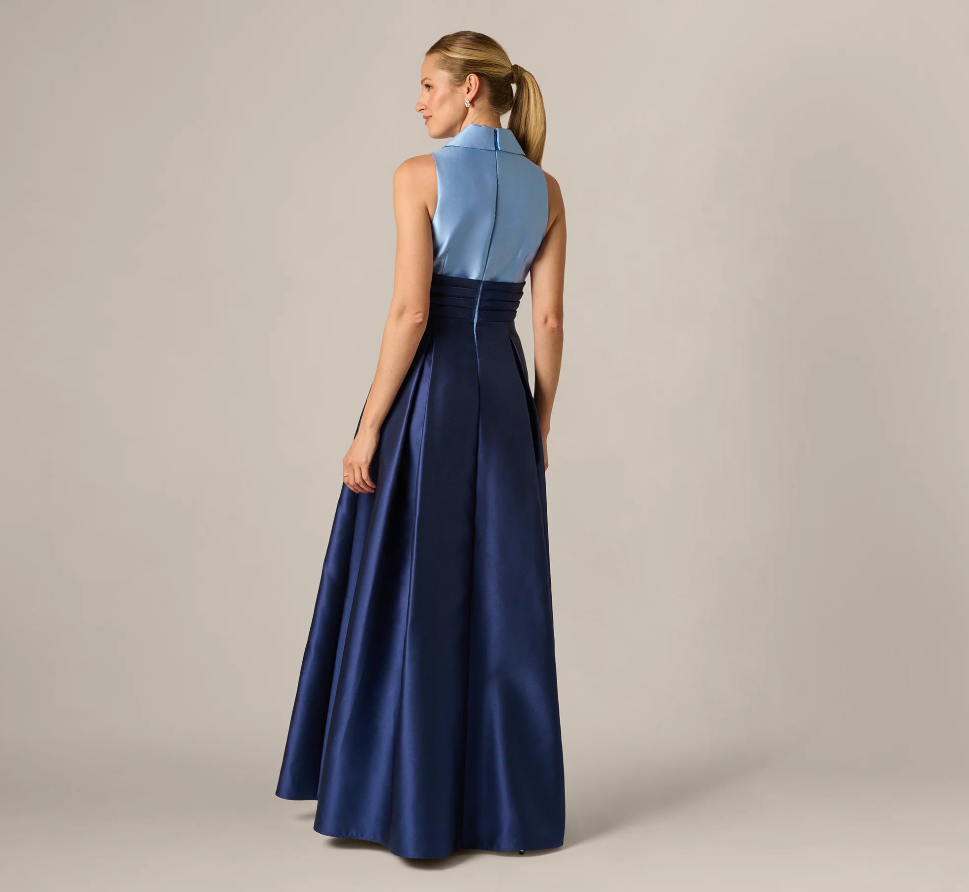 Sleeveless Color Block Tuxedo Ballgown In Icy Topaz Navy