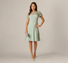 Flutter Sleeve Beaded Illusion Short Dress In Icy Sage