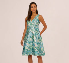 Metallic Floral Jacquard Midi Dress In Blue Multi