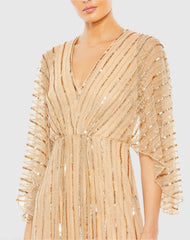Beige Beaded Striping Kimono Sleeve V Neck Gown - FINAL SALE