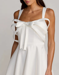 White Satin Sleeveless A Line Midi Dress With Bow