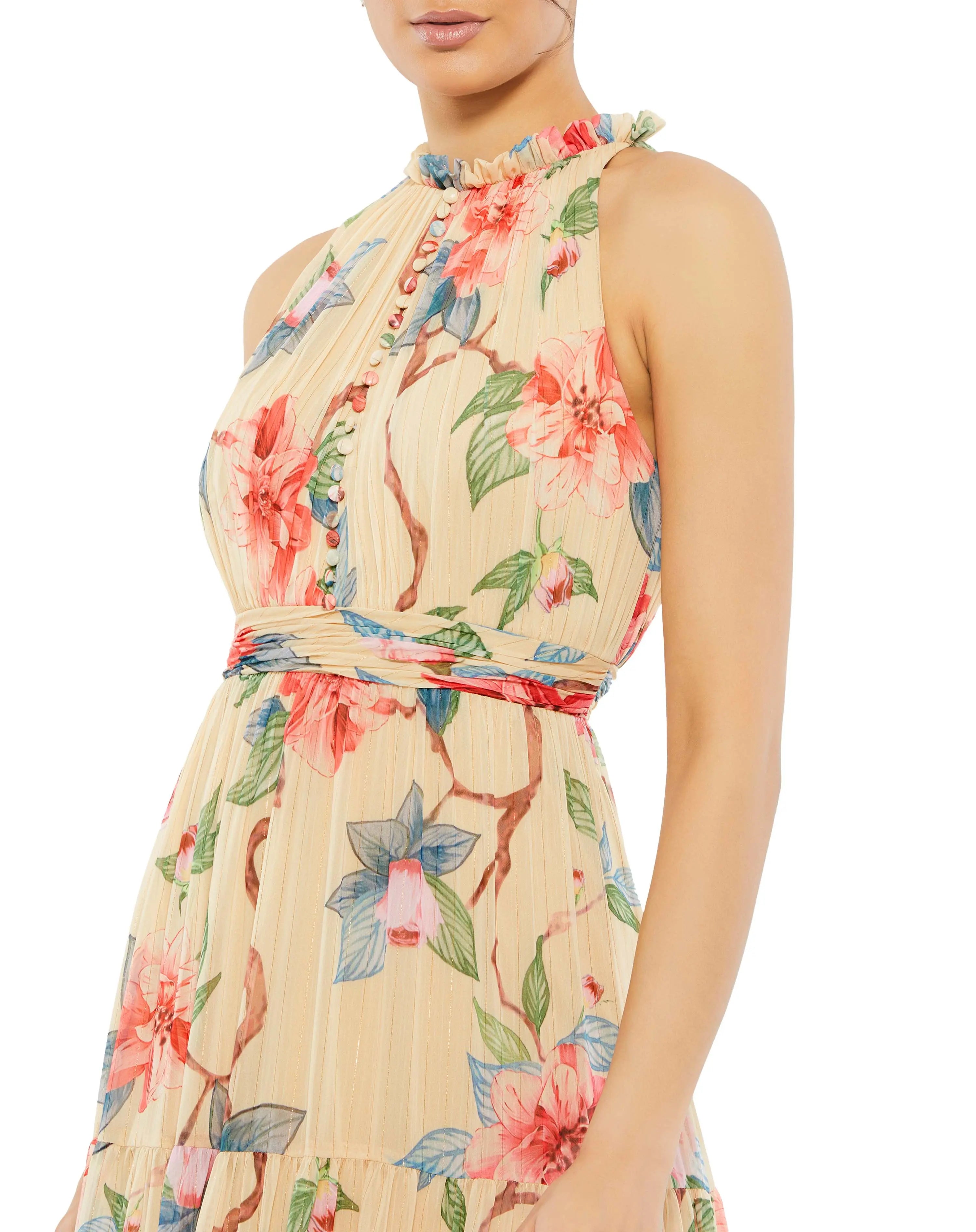 Beige Floral Halter Neck Maxi Dress