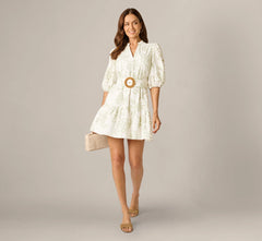 Cotton Floral Eyelet Belted Short Dress In Ivory Sage