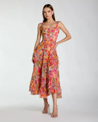 Multicolor Floral Scoop Neck A-Line Ruffle Midi Dress