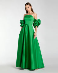 Green Satin Off The Shoulder Puff Sleeve Ball Gown
