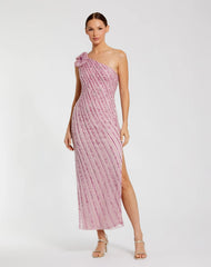 Pink One Shoulder Beaded Mesh Dress With Flower