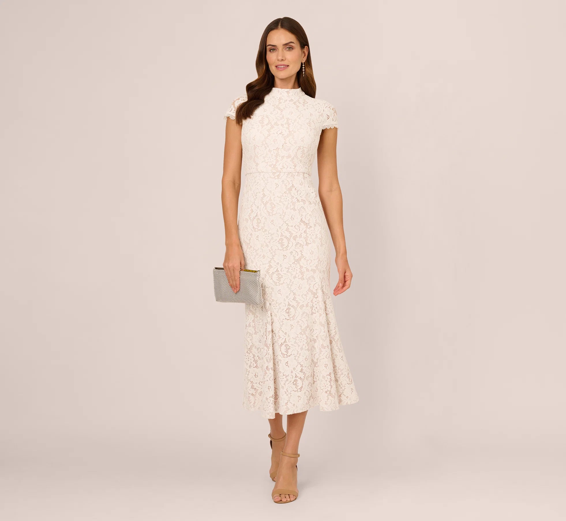 Cap Sleeve Lace Midi Dress In Ivory Nude