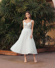 White Polka Dot Tulle A-Line Midi Dress
