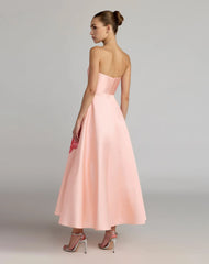 Pink Strapless A Line Midi Dress With Flower Print