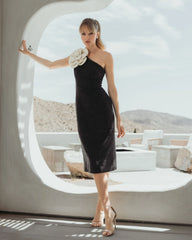 Black One Shoulder Boucle Midi Dress With 3D Flower