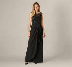 Draped Crepe Beaded Combo Gown In Black