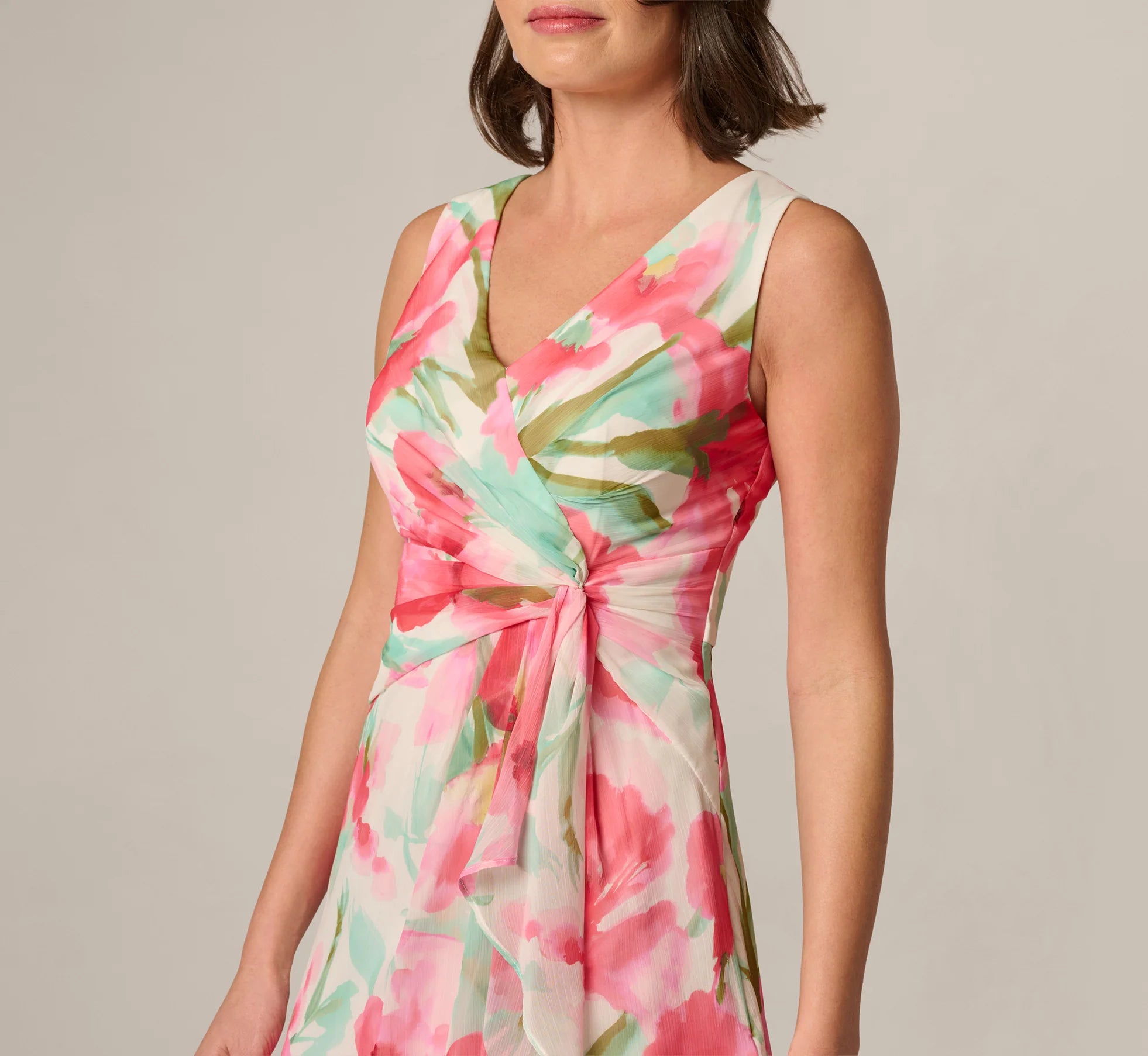 Sleeveless Draped Floral Chiffon Midi Sheath Dress In Coral Green Multi
