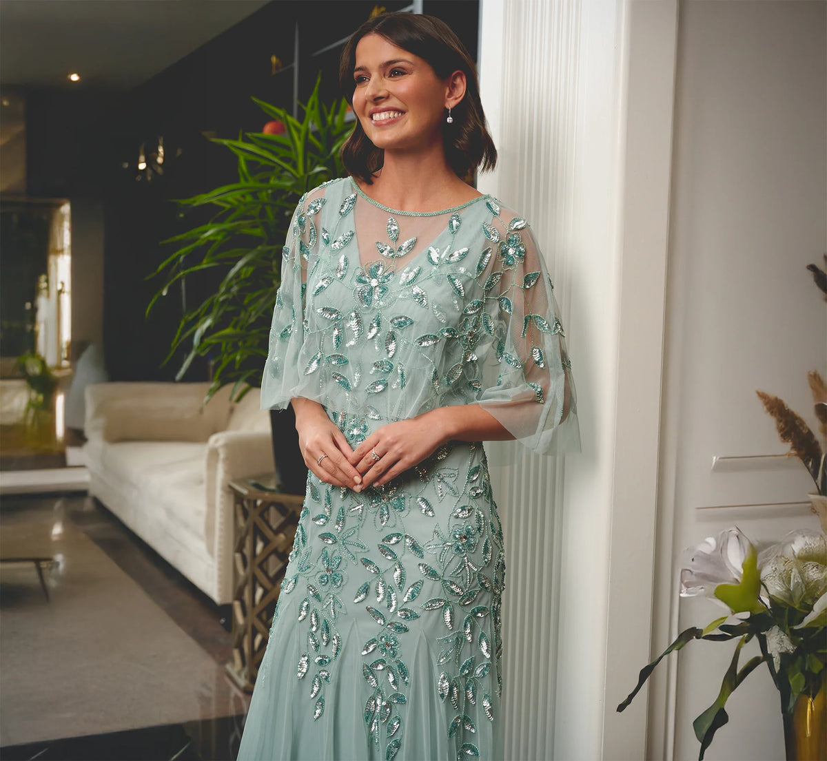 Floral Beaded Godet Cape Gown In Aqua Dust