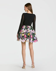 Black Long Sleeve Mini Dress With Floral Embroidery