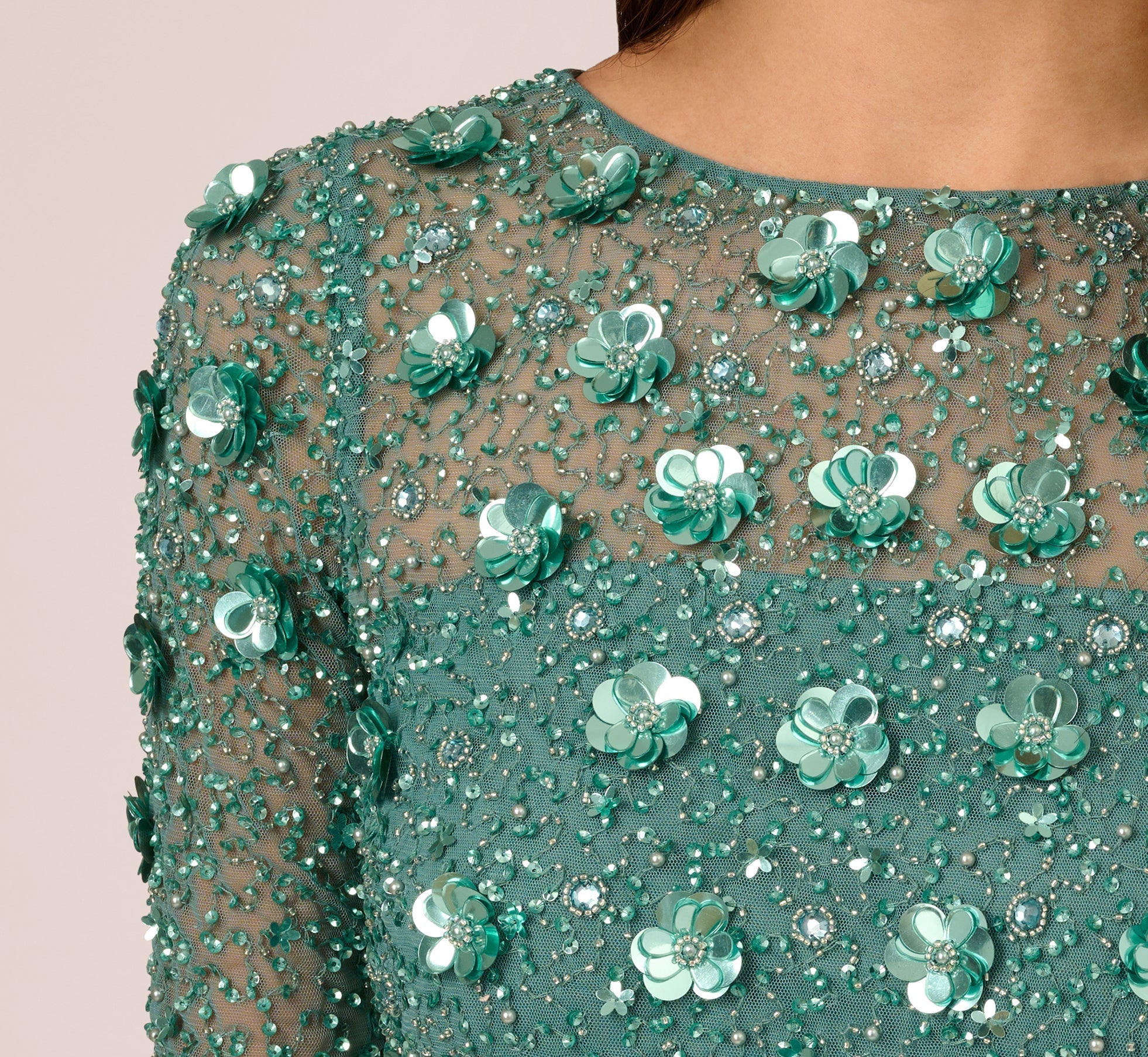 Long Hand Beaded 3D Floral Dress With Elbow Sleeves In Green Slate