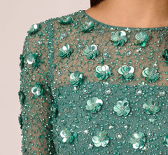 Long Hand Beaded 3D Floral Dress With Elbow Sleeves In Green Slate