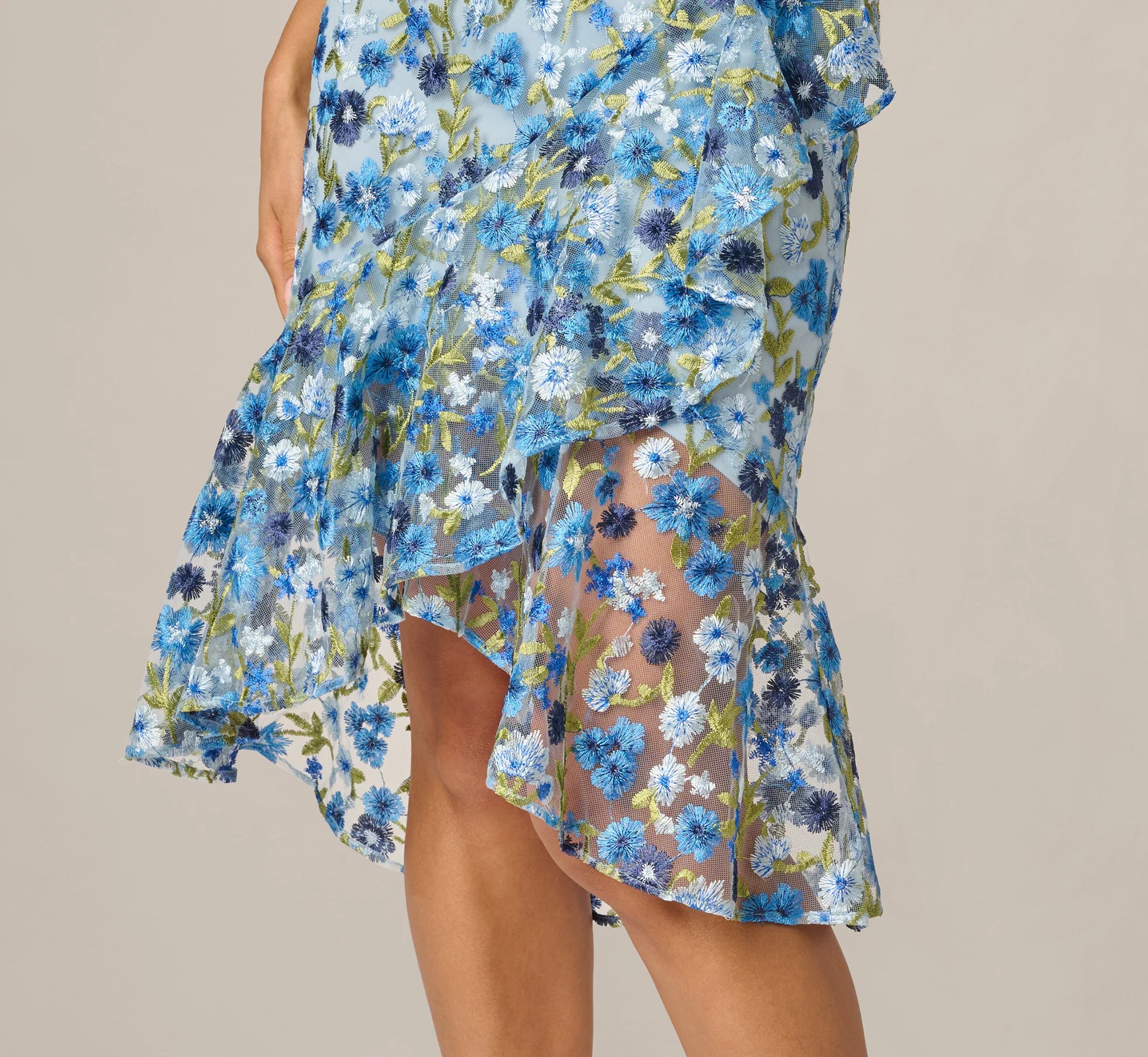Floral Embroidered Flounce Halter Dress In Blue Multi
