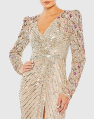 Beige Long Sleeve Embellished Puff Sleeve Faux Wrap Gown